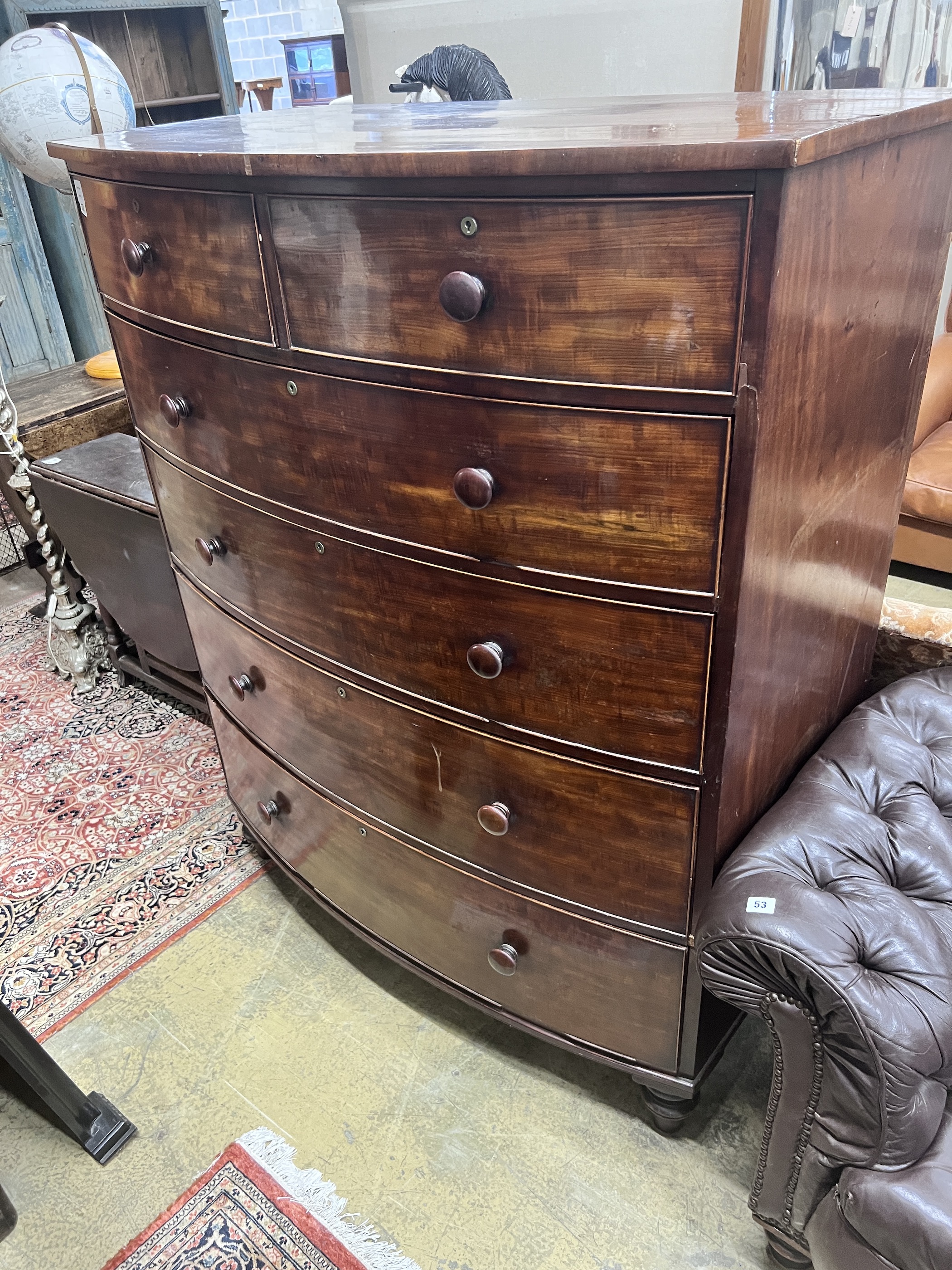 An early Victorian mahogany six drawer bowfront chest, width 121cm, depth 64cm, height 149cm